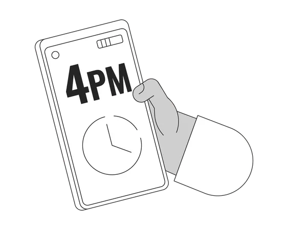 Checking Time On Smartphone Cartoon Human Hand Outline Illustration Alarm Clock On Mobile Phone 2 D Isolated Black And White Vector Image Cellphone Using Gadget Flat Monochromatic Drawing Clip Art Illustration