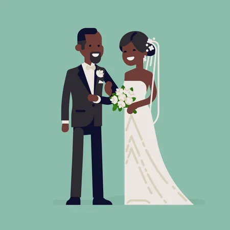 Cheerful African newlyweds standing together wearing wedding dresses  Illustration