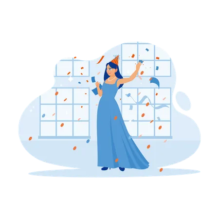 Cheerful And Happy Young Woman Celebrating Birthday At Home. She Stood Throwing Confetti In An Elegant Outfit. Celebration Concept. Trend Modern Vector Flat Illustration  일러스트레이션