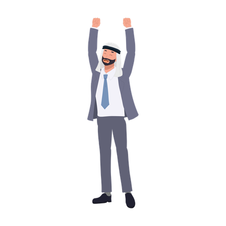 Cheerful Arab Businessman in suit Raises Hand in Victory  Illustration
