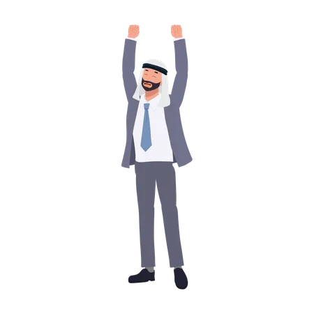 Cheerful Arab Businessman In Suit Raises Hand In Victory Illustration