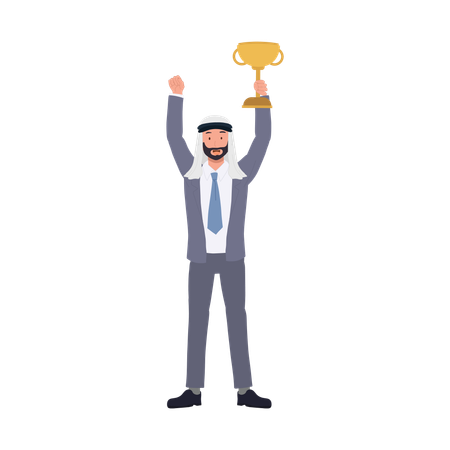 Cheerful Arab Businessman Raising Trophy as Successful Leadership.  Illustration
