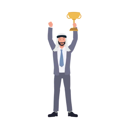 Cheerful Arab Businessman Raising Trophy As Successful Leadership Illustration