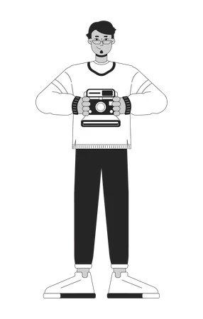 80 S Retro Style Photographer Black And White Cartoon Flat Illustration Eyeglasses Arab Man Taking Instant Pictures 2 D Lineart Character Isolated Nostalgia Monochrome Scene Vector Outline Image Illustration