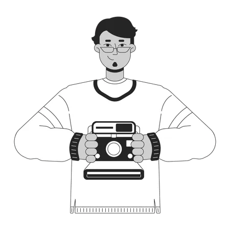 Cheerful Arab Man Holding Retro Camera Black And White 2 D Line Cartoon Character Middle Eastern Guy Taking Photo Isolated Vector Outline Person Nostalgia Memory Monochromatic Flat Spot Illustration Illustration