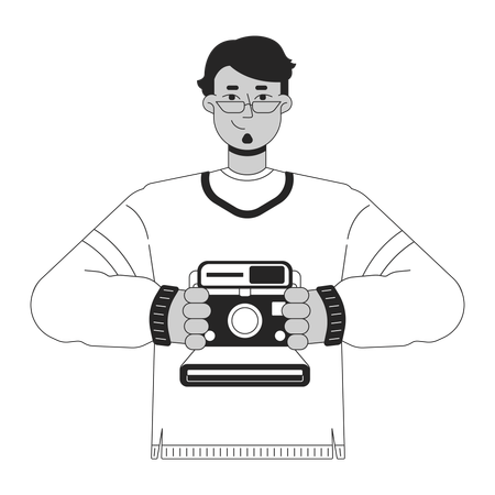 Cheerful arab man holding retro camera  Illustration