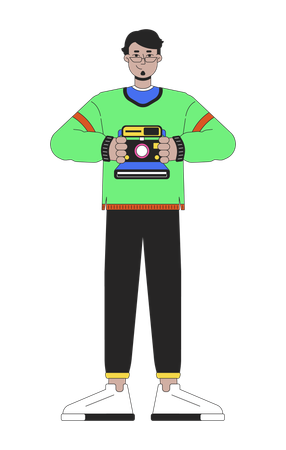Cheerful arab man holding retro camera  Illustration