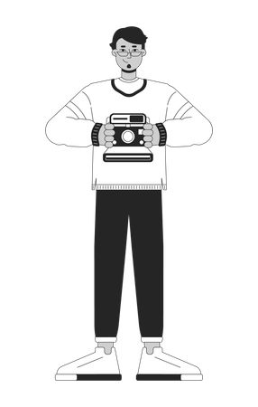 Cheerful arab man holding retro camera  Illustration