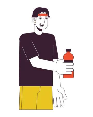 Cheerful Asian Boy With Bottle Flat Line Color Vector Character Holding Drink Volunteering Editable Outline Full Body Person On White Simple Cartoon Spot Illustration For Web Graphic Design Illustration