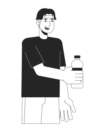 Cheerful Asian Boy With Bottle Flat Line Black White Vector Character Holding Drink Volunteering Editable Outline Full Body Person Simple Cartoon Isolated Spot Illustration For Web Graphic Design Illustration