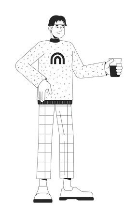 Cheerful Asian Man Holding Drink Black And White 2 D Line Cartoon Character Young Male Hanging Out At Party Isolated Vector Outline Person Informal Communication Monochromatic Flat Spot Illustration Illustration