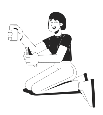 Cheerful asian woman kneeling on ground  Illustration