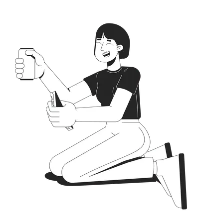 Cheerful asian woman kneeling on ground  Illustration