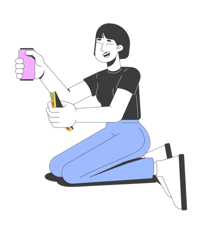 Cheerful asian woman kneeling on ground  Illustration