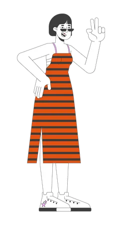 Cheerful asian woman with v gesture  Illustration