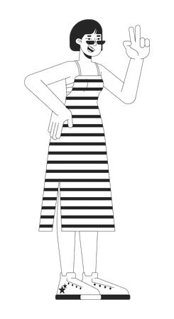 Cheerful asian woman with v gesture  Illustration