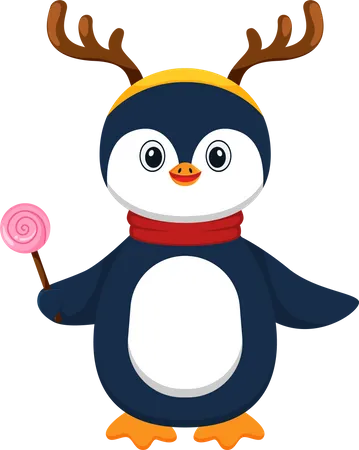 Cheerful Baby Penguin Dancing with Candy  Illustration