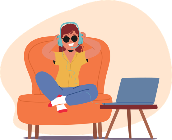 Cheerful Blind Girl Wearing Sunglasses And Headphones Sits Comfortably On An Armchair  Illustration