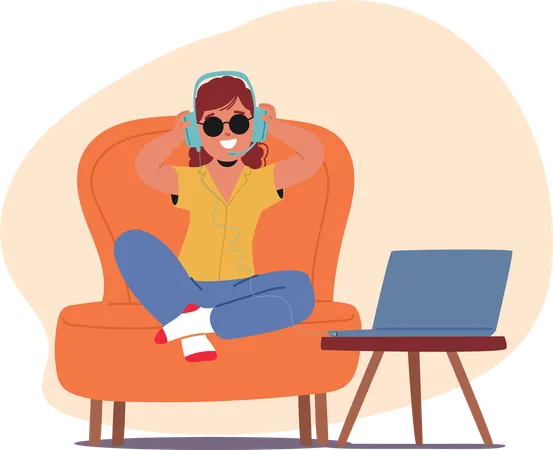 Cheerful Blind Girl Wearing Sunglasses And Headphones Sits Comfortably On An Armchair  Illustration