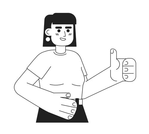 Cheerful Woman Shows Thumb Up Monochromatic Flat Vector Character Editable Thin Line Half Body Pretty Lady In Shirt On White Simple Bw Cartoon Spot Image For Web Graphic Design Illustration