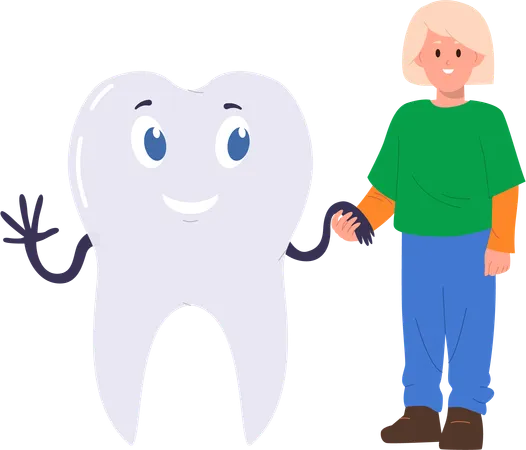 Cheerful Boy Child Cartoon Character With White Smile Holding Hand Of Big Healthy Tooth Standing Like Friends Isolated Vector Illustration Happy Kid Dental Health And Personal Hygiene Concept Illustration