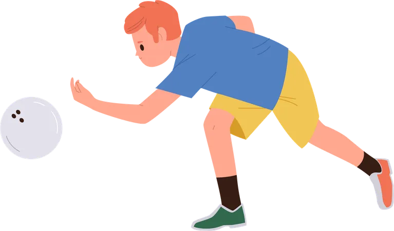 Cheerful boy child playing bowling throwing ball to hit strike  Illustration