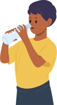 Cheerful boy child  standing with plastic bottle and drinking water  Illustration