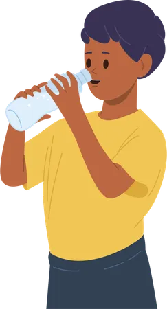 Cheerful boy child  standing with plastic bottle and drinking water  Illustration