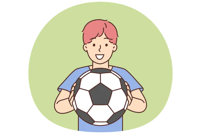 Cheerful boy of school age holding soccer ball and smiling offers to play football  Illustration