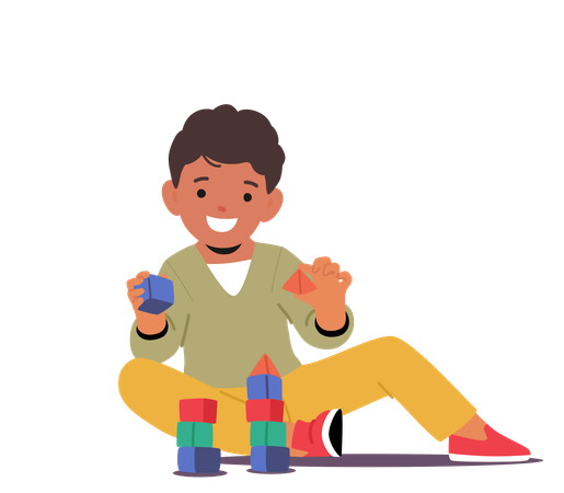 Cheerful Boy Playing Block  Illustration