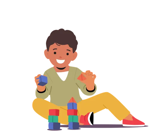 Cheerful Boy Playing Block  Illustration