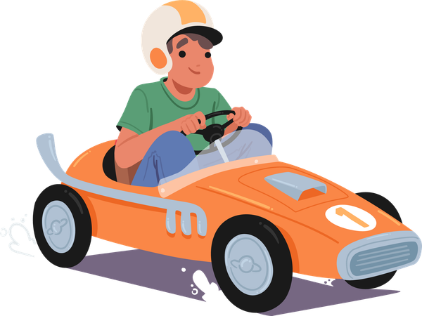 Cheerful Boy Riding Pedal Car  Illustration