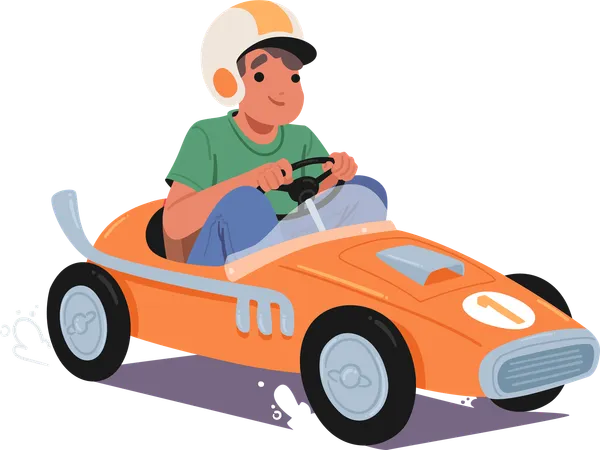 Cheerful Boy Riding Pedal Car  Illustration