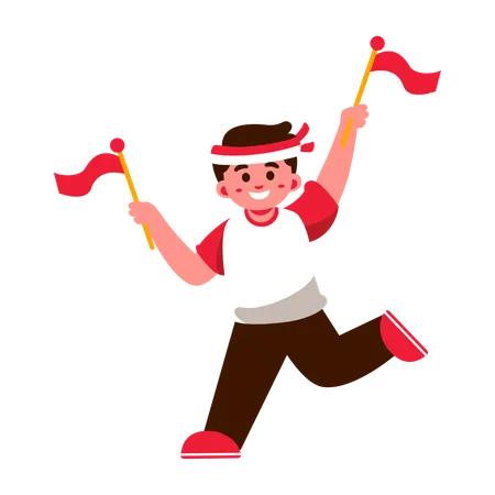 Happy Boy Waving Red And White Indonesia Flags Celebrating With Joy Wearing Casual Clothes Illustration