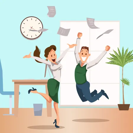 Cheerful business Coworkers celebrating business success and business paper floating on air Illustration