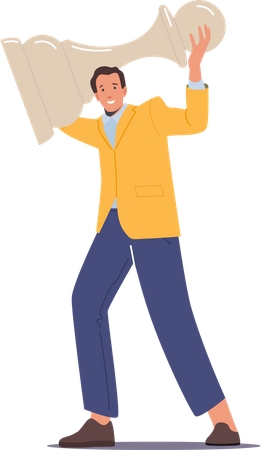 Cheerful Business Man Holding Pawn Illustration