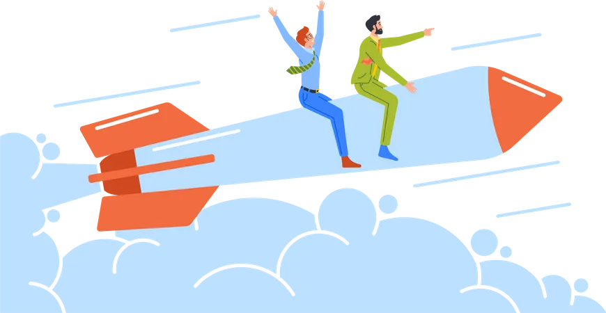 Cheerful Business Men Flying Up by Rocket Engine Illustration
