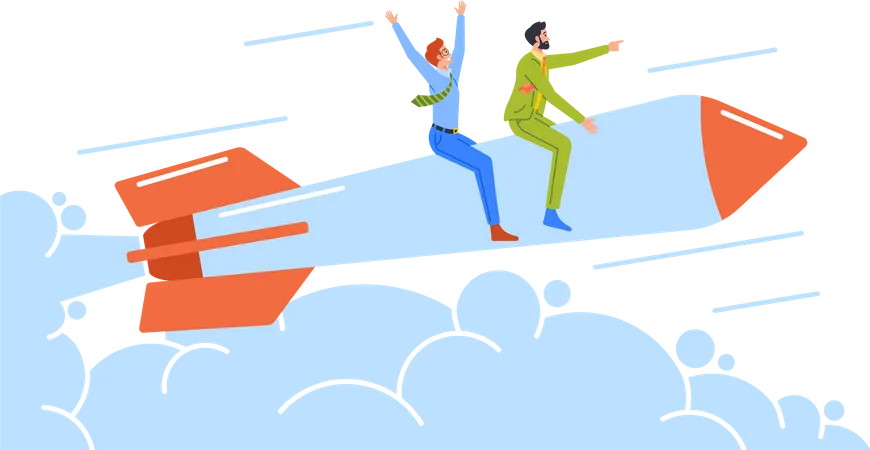 Cheerful Business Men Flying Up by Rocket Engine  Illustration