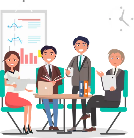 Cheerful Business People Color Vector Illustration Conversation And Deal Management Office With Round Table And Green Chairs Statistical Poster Illustration
