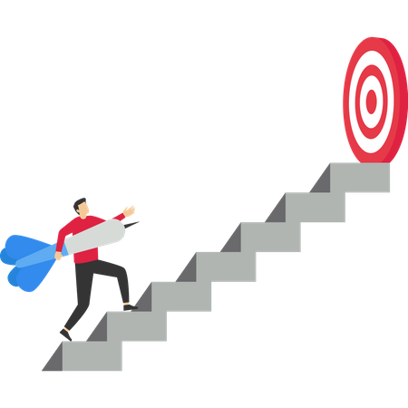 Cheerful businessman carrying arrows on ladder to achieve bullseye dartboard  Illustration