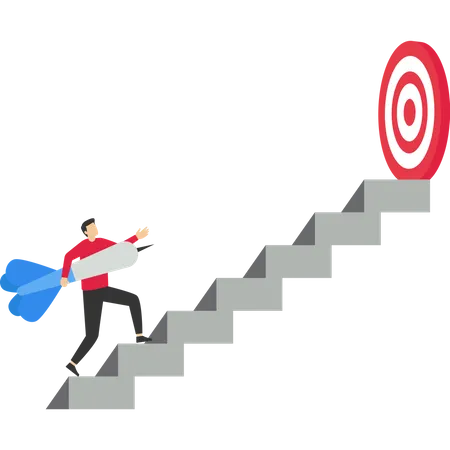 Cheerful businessman carrying arrows on ladder to achieve bullseye dartboard  Illustration