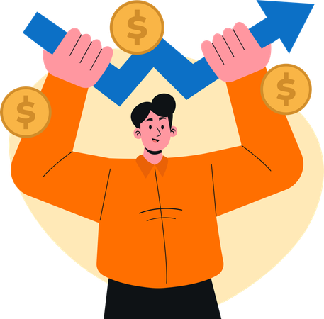 Cheerful Businessman Celebrating Financial Success with  Growing Graph and Coins in Hand  Illustration