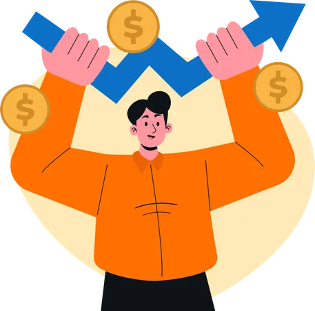 Cheerful Businessman Celebrating Financial Success with  Growing Graph and Coins in Hand  Illustration