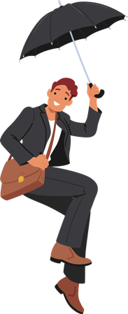 Cheerful Businessman Flying With Umbrella  Illustration