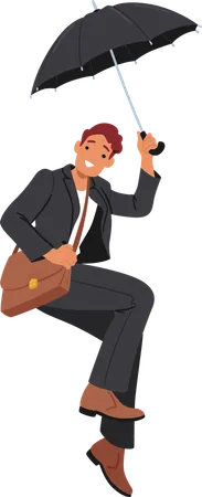 Cheerful Businessman Flying With Umbrella  Illustration