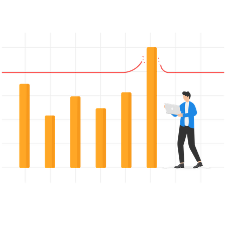 Cheerful businessman seeing bar graph breaking through record line  Illustration