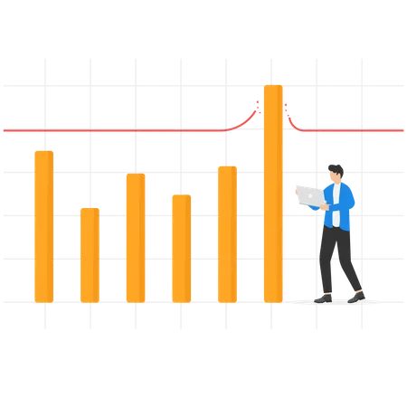 Cheerful businessman seeing bar graph breaking through record line  Illustration
