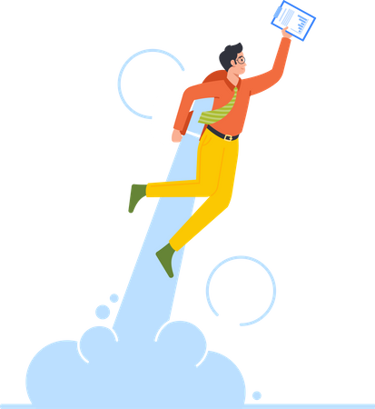 Cheerful Businessman Take Off with Jet Pack Illustration