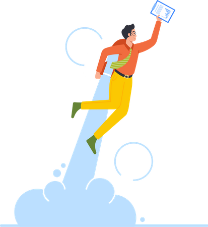 Cheerful Businessman Take Off with Jet Pack  Illustration