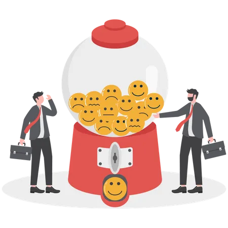 Emotion And Feeling Mental Wellbeing Emotional Intelligence Or Psychology Positive And Negative Thinking Mood And Happiness Concept Cheerful Businessman Waiting Gumball Machine To Give Smile Face Illustration